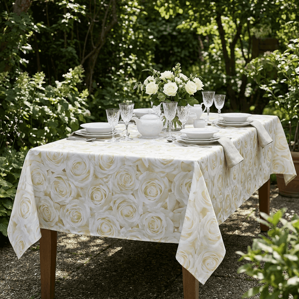 Premium Linen-like Throwable Tablecloth White Flowers